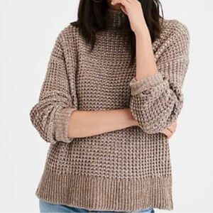 American Eagle Women's Mock Neck Crochet Turtleneck Sweater - Tan, Medium
